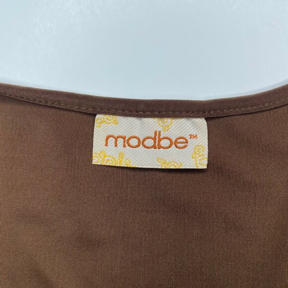 Modbe Chocolate Brown Surplice Wrap Dress Bell Sleeve Ruched Waist Stretchy Midi - Picture 9 of 12